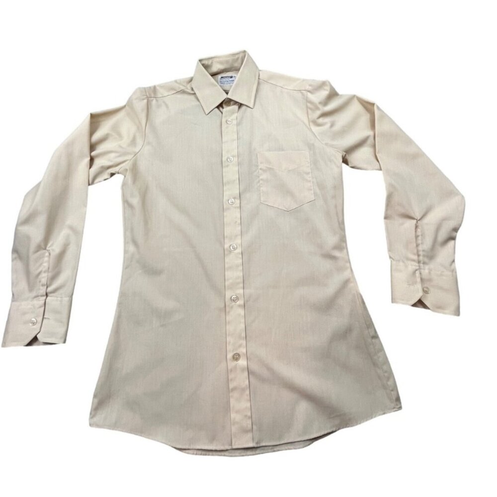 Vintage Montgomery Ward Shirt Men 18 Beige Button Up No Iron 70s Korea